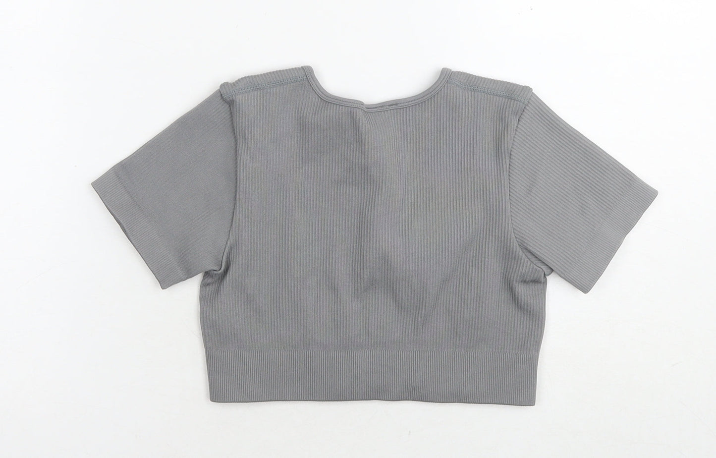 Bo+tee Womens Grey Nylon Cropped T-Shirt Size S Round Neck Pullover