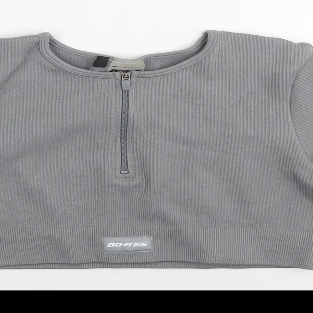 Bo+tee Womens Grey Nylon Cropped T-Shirt Size S Round Neck Pullover
