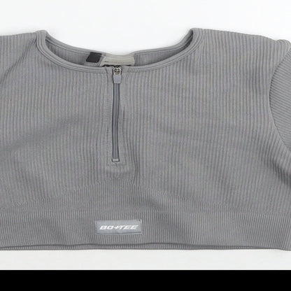 Bo+tee Womens Grey Nylon Cropped T-Shirt Size S Round Neck Pullover