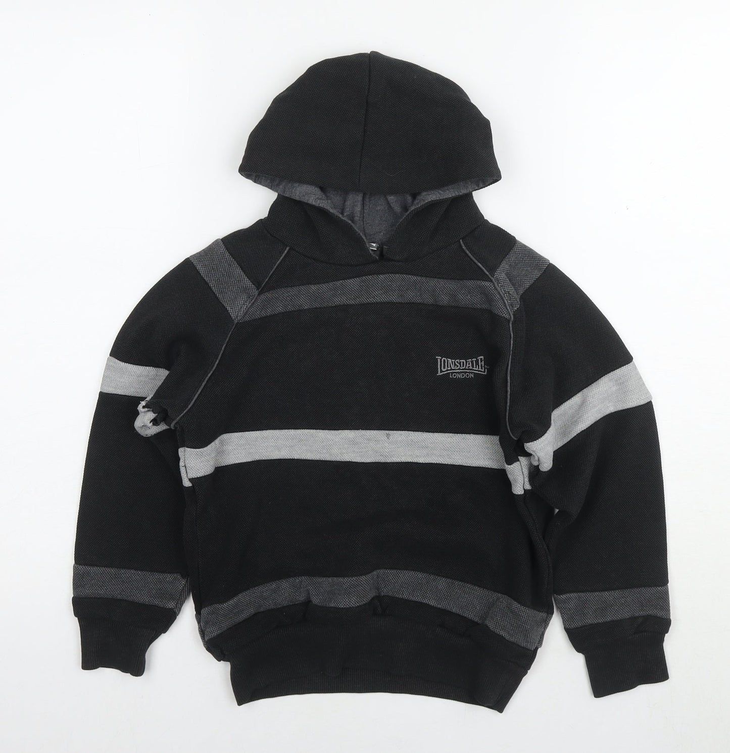 Lonsdale Boys Black Striped Cotton Pullover Hoodie Size 7-8 Years Pullover