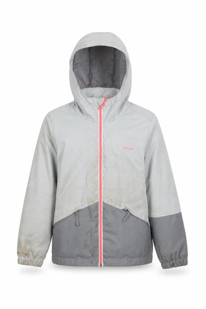Front view of Decathlon girls’ grey windbreaker jacket, size 6, years zip