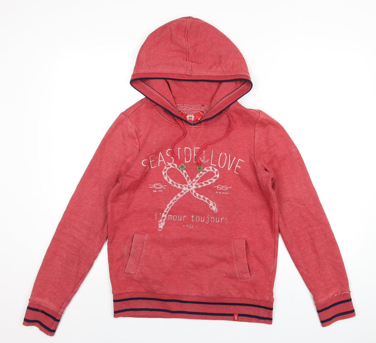 Additional front view of EDC women’s red cotton pullover hoodie, size M, pullover - seaside love