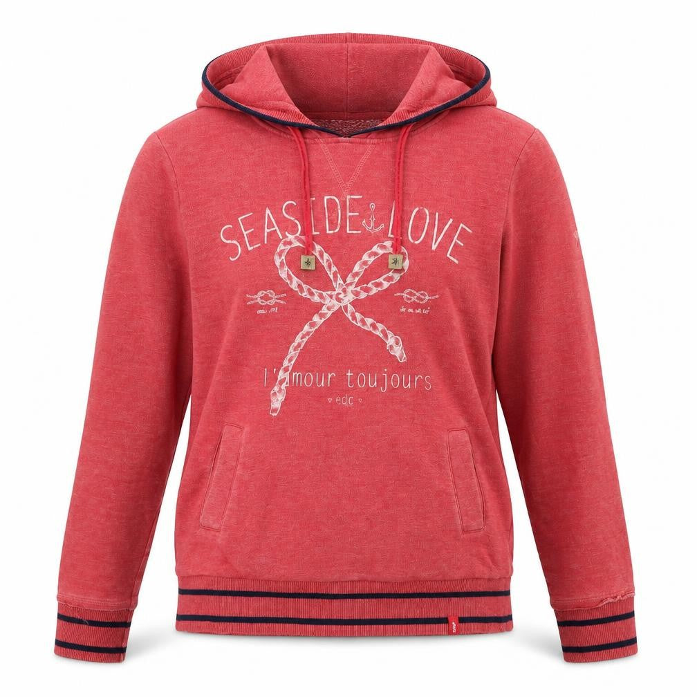 Front view of EDC women’s red cotton pullover hoodie, size M, pullover - seaside love