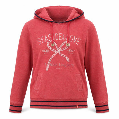 Front view of EDC women’s red cotton pullover hoodie, size M, pullover - seaside love