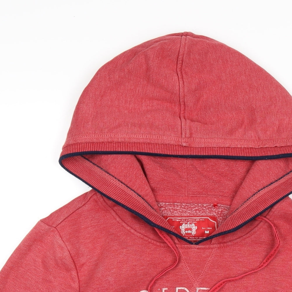 Close-up detail of EDC women’s red cotton pullover hoodie, size M, pullover - seaside love