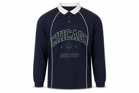 Front view of ASOS men’s blue cotton polo, size M, collared button - chicago athletics