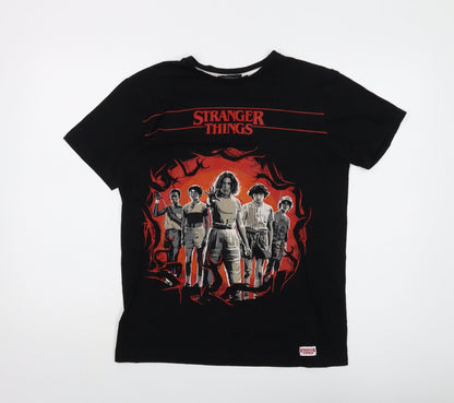 Stranger Things Boys Black Cotton Basic T-Shirt Size 14-15 Years Crew Neck Pullover - Logo