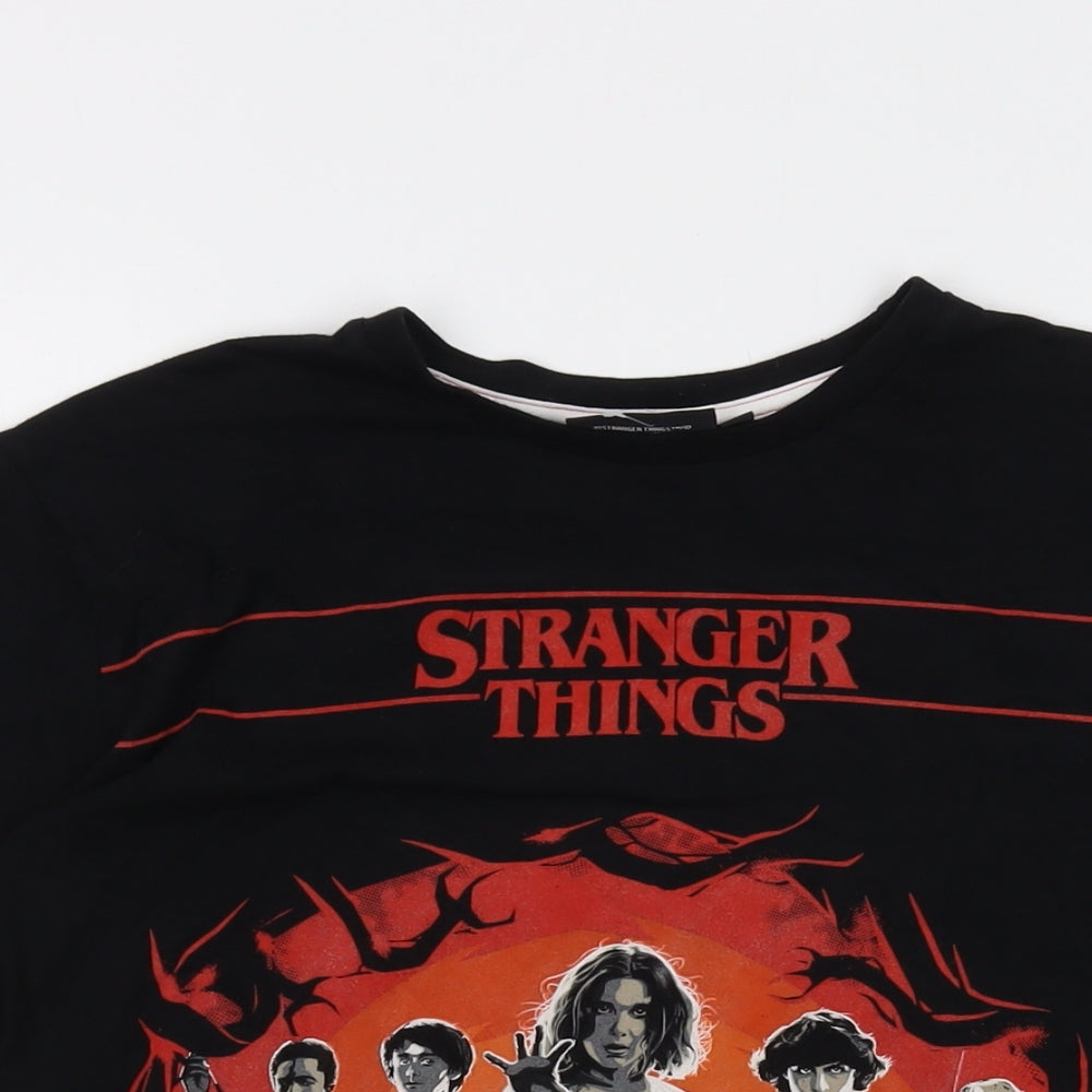 Stranger Things Boys Black Cotton Basic T-Shirt Size 14-15 Years Crew Neck Pullover - Logo