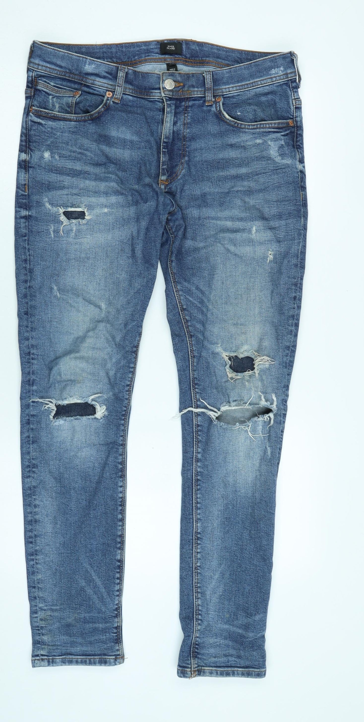 Mens UK Size 32 in River Island Mens Regular Fit Tapered Blue Jeans