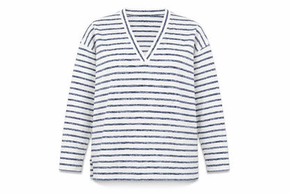 Front view of Kirkland women’s white v-neck striped viscose jumper, size M
