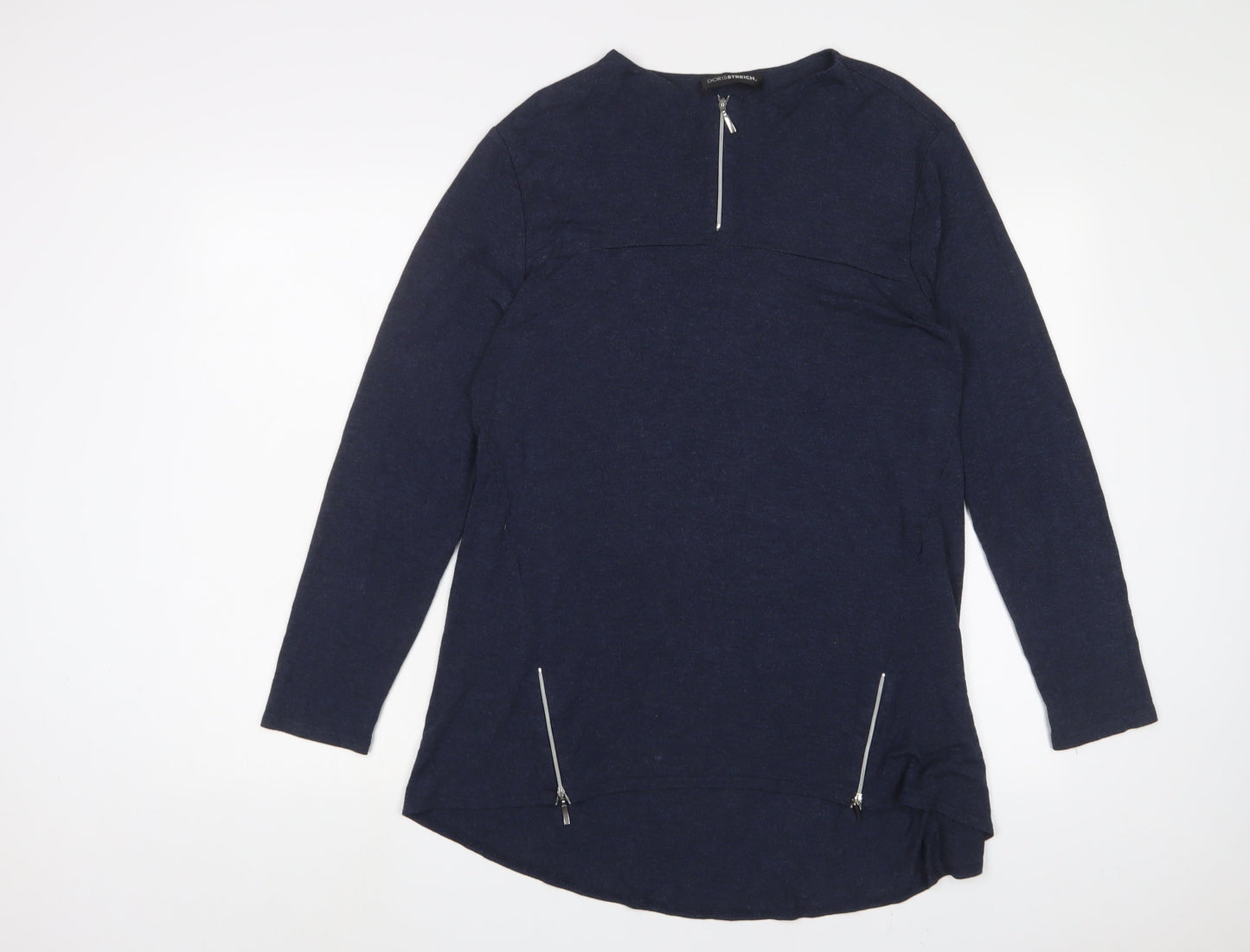 Doris Streich. Womens Blue Viscose Tunic T-Shirt Size 12 Crew Neck - Zips