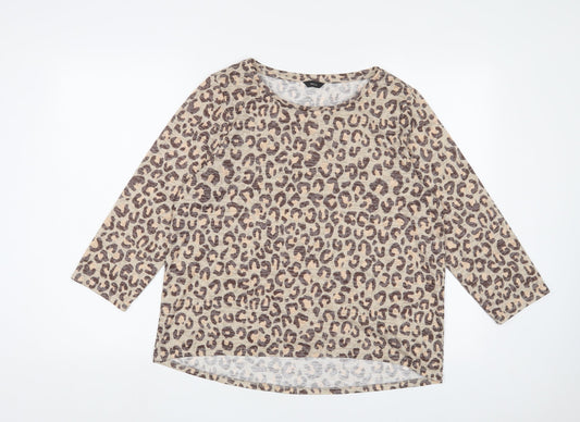 M&Co Womens Brown Animal Print Polyester Basic T-Shirt Size 14 Crew Neck