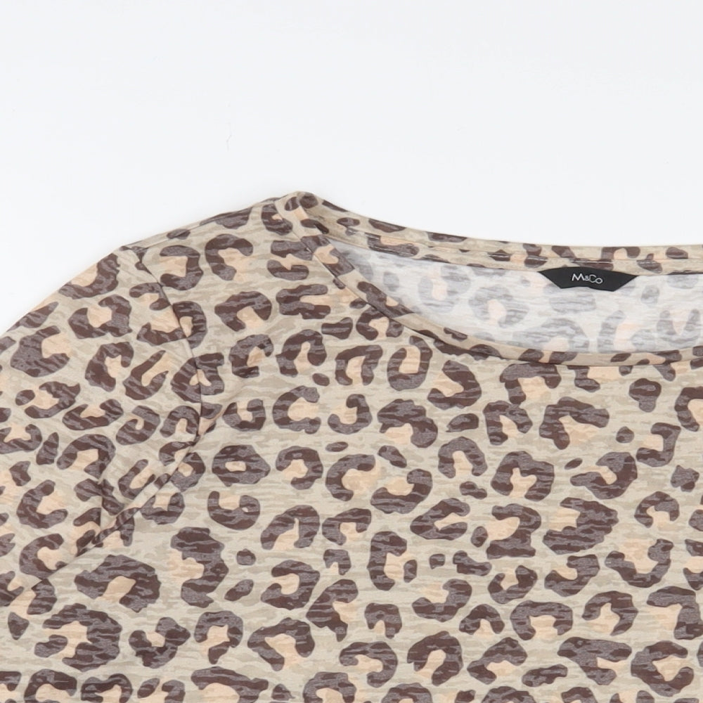M&Co Womens Brown Animal Print Polyester Basic T-Shirt Size 14 Crew Neck