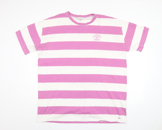 Pull&Bear Mens Purple Striped Cotton T-Shirt Size XL Round Neck