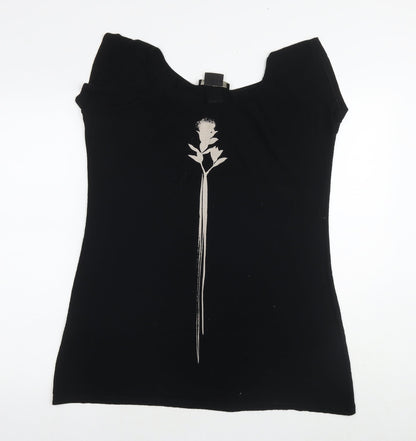 Isabel de Pedro Womens Black Viscose Basic T-Shirt Size 12 Round Neck - Flower