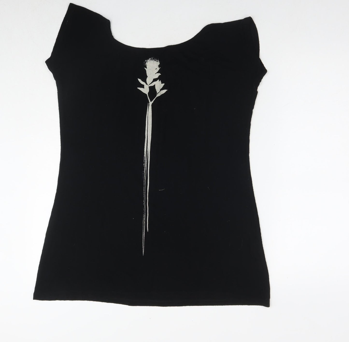 Isabel de Pedro Womens Black Viscose Basic T-Shirt Size 12 Round Neck - Flower