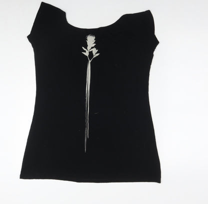 Isabel de Pedro Womens Black Viscose Basic T-Shirt Size 12 Round Neck - Flower