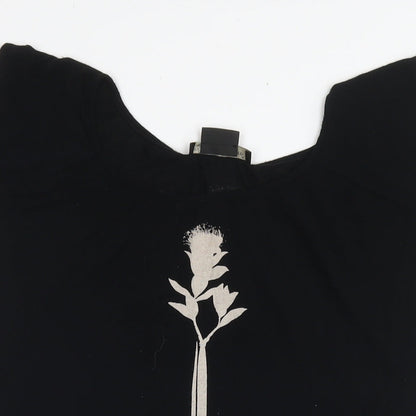 Isabel de Pedro Womens Black Viscose Basic T-Shirt Size 12 Round Neck - Flower
