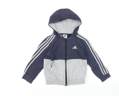 Addidas Boys Blue Colourblock Cotton Full Zip Hoodie Size 7-8 Years Zip
