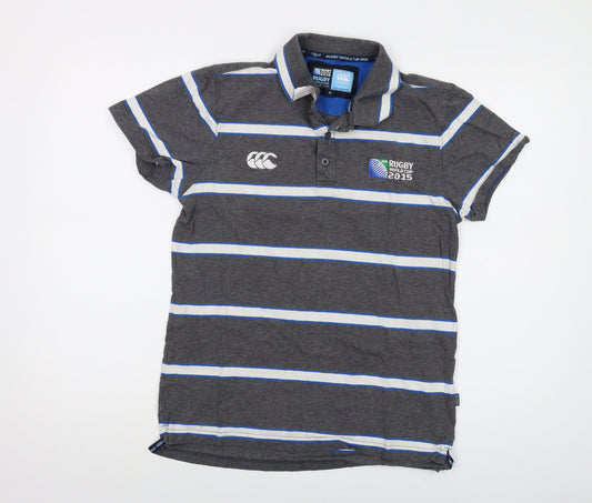 Canterbury Mens Grey Striped Cotton Polo Size S Collared Button - Rugby World Cup 2015