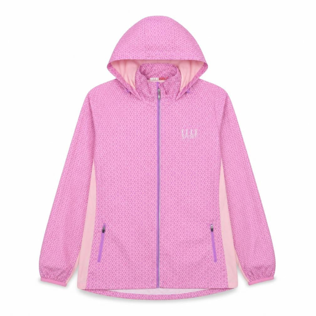 Front view of Elle Sport women’s pink geometric jacket, size L, zip - logo