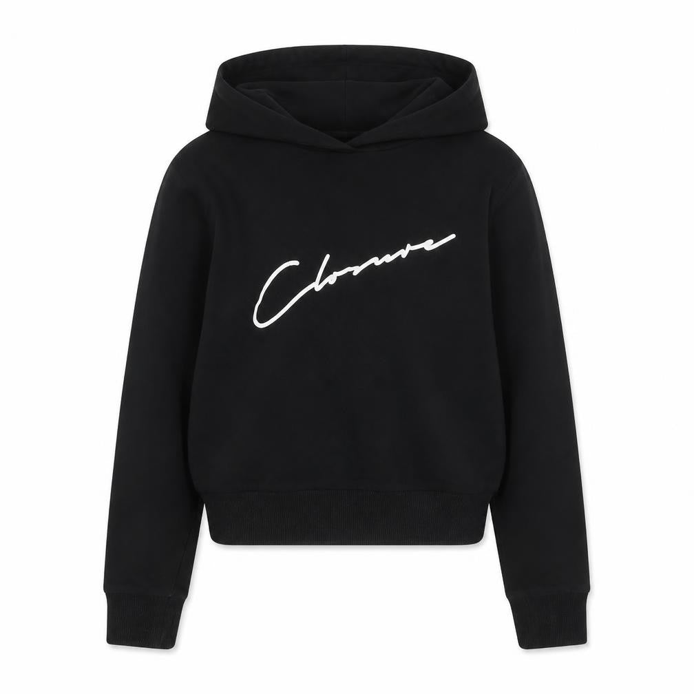 Front view of Closure girls’ black cotton pullover hoodie, size 13, years pullover - logo