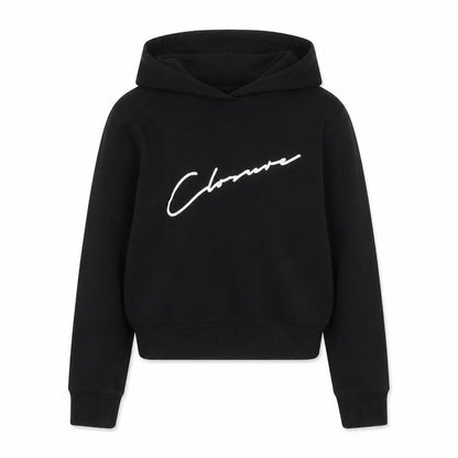 Front view of Closure girls’ black cotton pullover hoodie, size 13, years pullover - logo