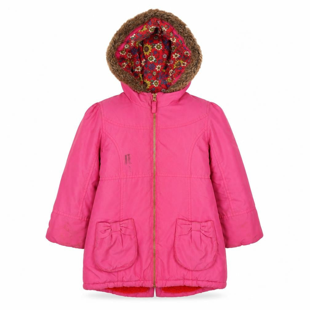 Front view of Mini Club girls’ pink basic coat coat, size 5-6, years zip - logo, embroidered