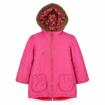 Front view of Mini Club girls’ pink basic coat coat, size 5-6, years zip - logo, embroidered