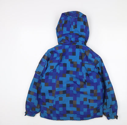 Back view of Parallel boys’ blue basic coat coat, size 9-10, years zip - logo, embroidered
