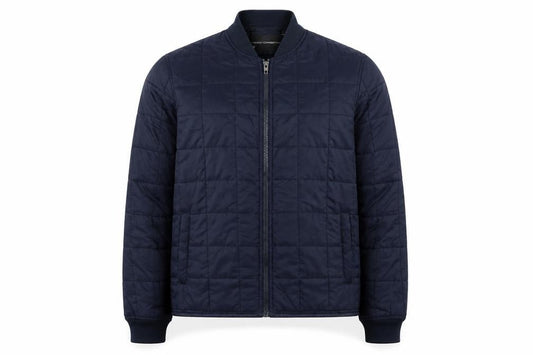 Front view of French Connection men’s blue quilted jacket, size L, zip