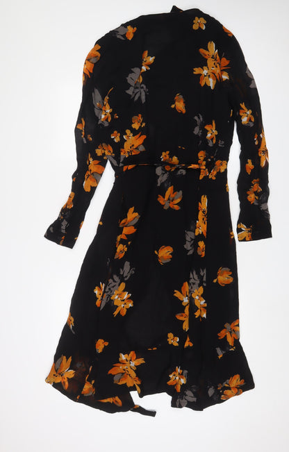 Copenhagen Womens Black Floral Polyester A-Line Size 14 V-Neck Tie
