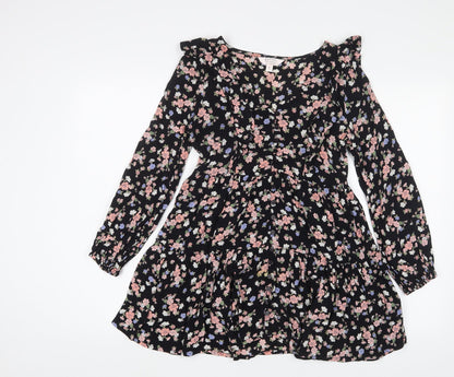Miss Selfridge Womens Black Floral Viscose A-Line Size 6 V-Neck Button