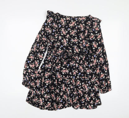 Miss Selfridge Womens Black Floral Viscose A-Line Size 6 V-Neck Button