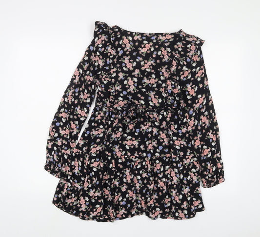 Miss Selfridge Womens Black Floral Viscose A-Line Size 6 V-Neck Button