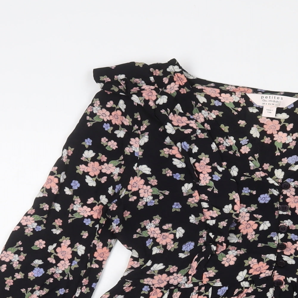 Miss Selfridge Womens Black Floral Viscose A-Line Size 6 V-Neck Button