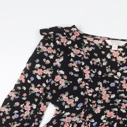 Miss Selfridge Womens Black Floral Viscose A-Line Size 6 V-Neck Button