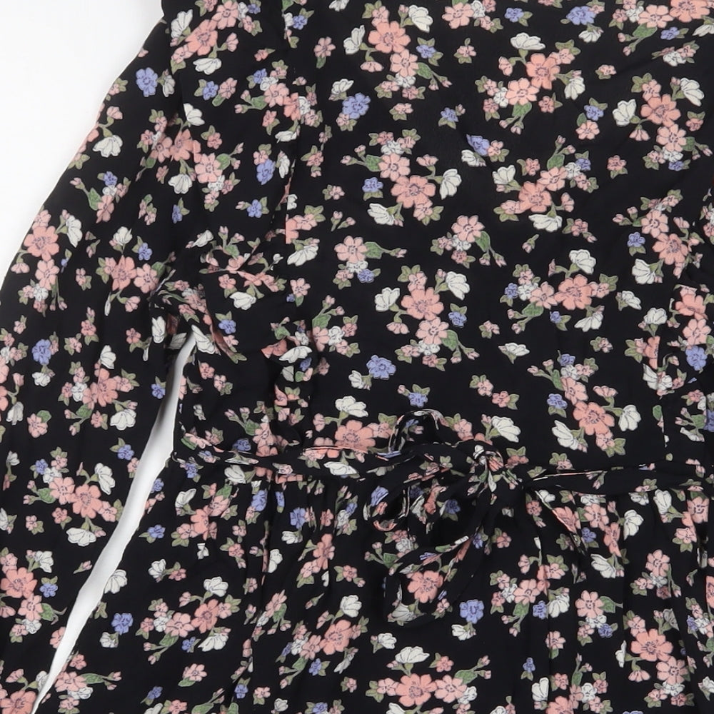 Miss Selfridge Womens Black Floral Viscose A-Line Size 6 V-Neck Button