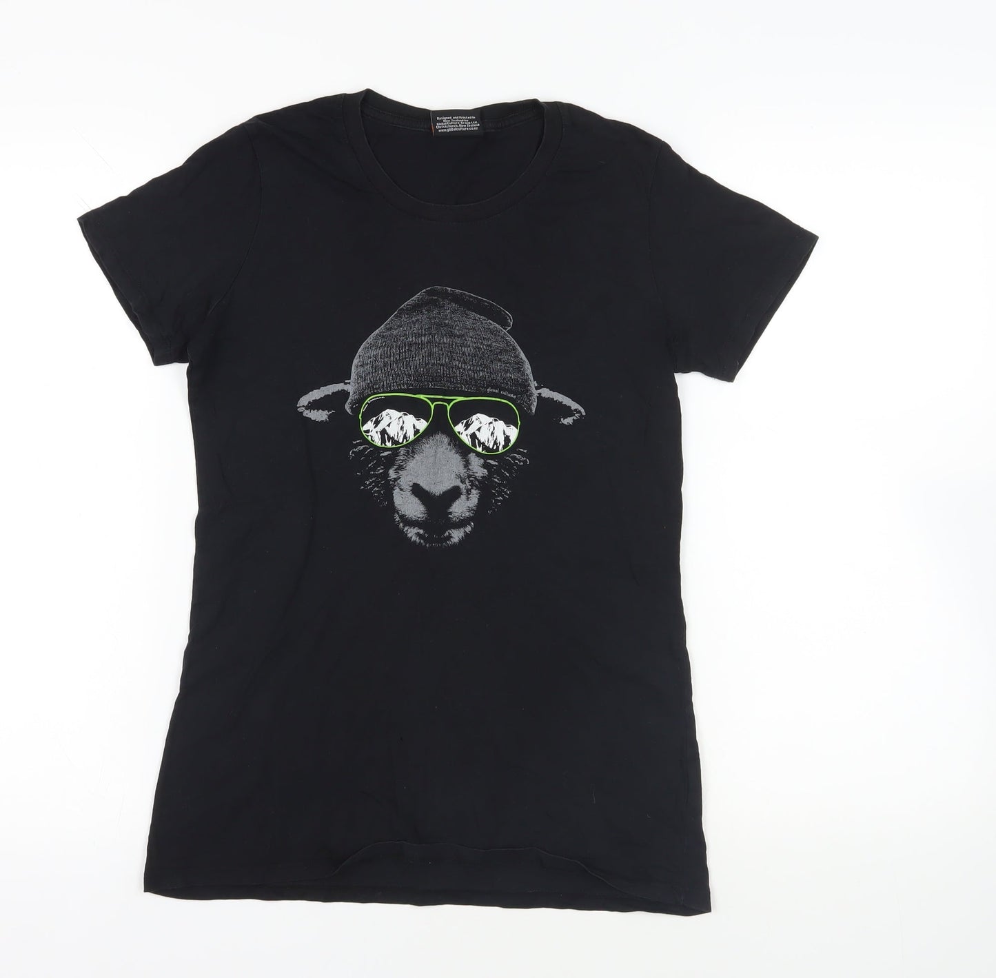 Globalculture Womens Black Cotton Basic T-Shirt Size S Crew Neck - Sheep