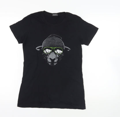 Globalculture Womens Black Cotton Basic T-Shirt Size S Crew Neck - Sheep