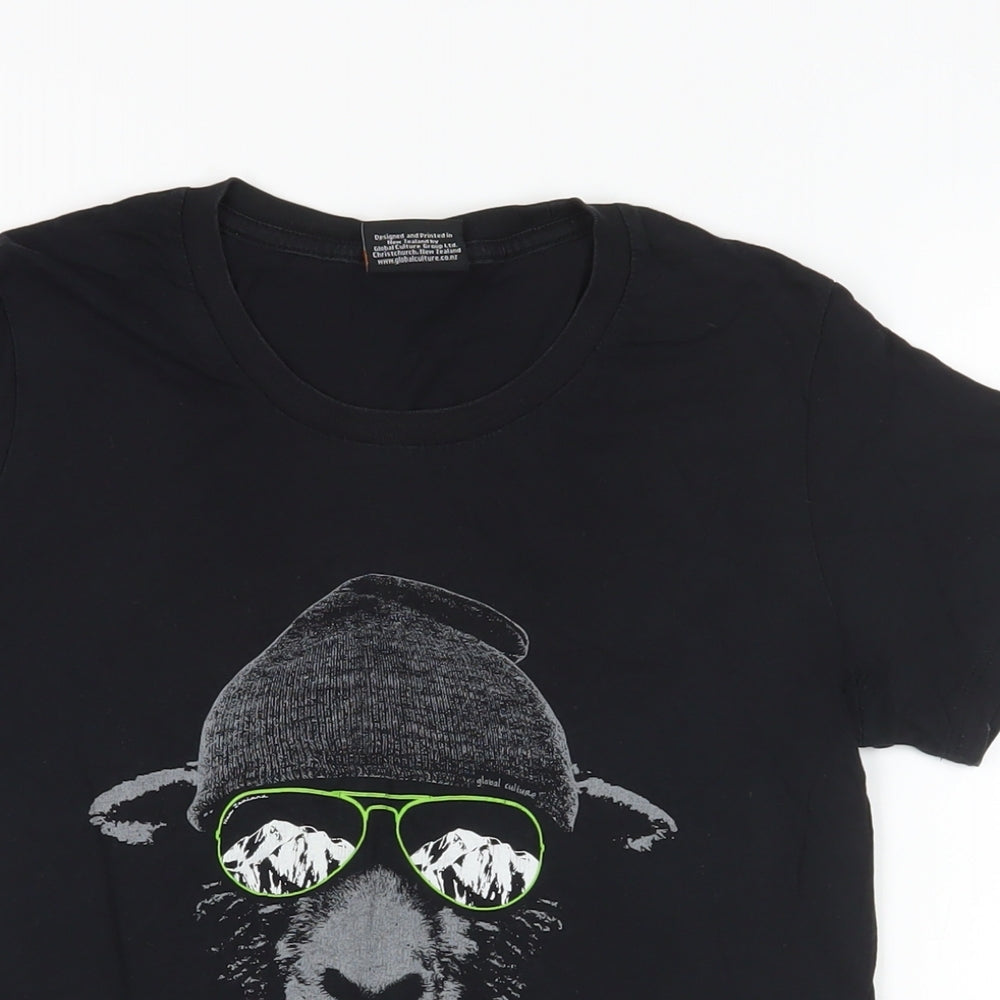 Globalculture Womens Black Cotton Basic T-Shirt Size S Crew Neck - Sheep