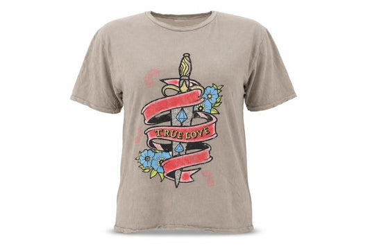 Front view of ASOS women’s beige cotton basic t-shirt, size UK 8, crew neck - true love
