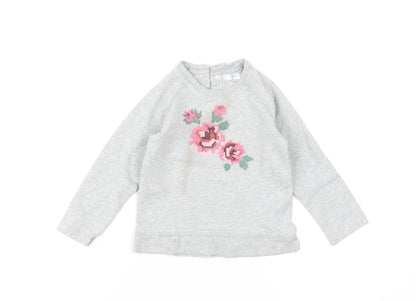 Baby Boden Girls Grey Cotton Pullover Sweatshirt Size 2-3 Years Snap - Flower Embroidery