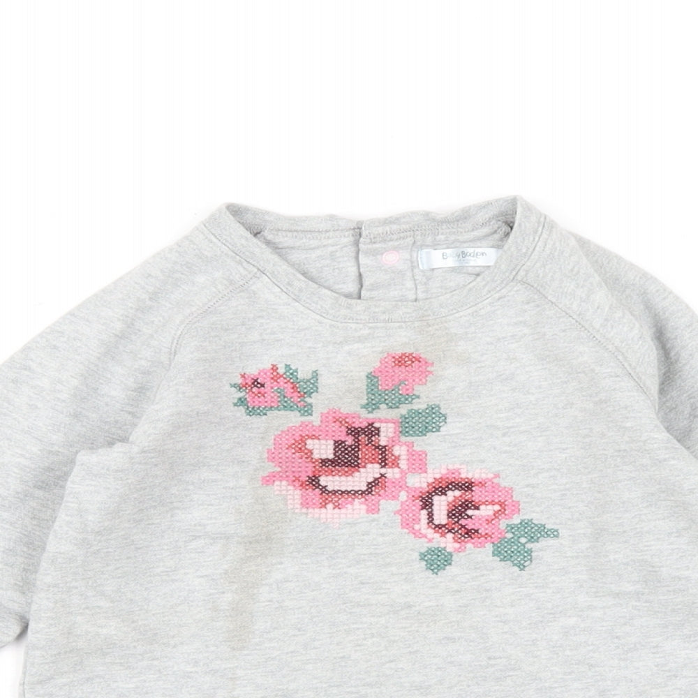 Baby Boden Girls Grey Cotton Pullover Sweatshirt Size 2-3 Years Snap - Flower Embroidery