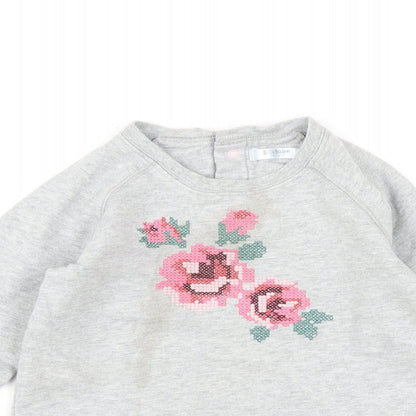 Baby Boden Girls Grey Cotton Pullover Sweatshirt Size 2-3 Years Snap - Flower Embroidery