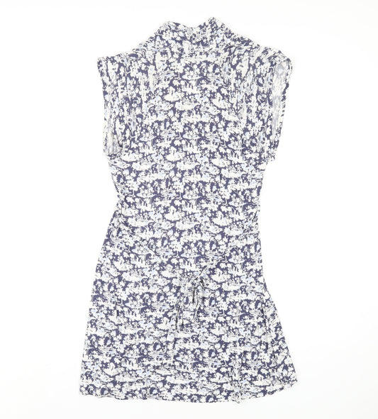 French Connection Womens Blue Floral Viscose A-Line Size 14 V-Neck Pullover