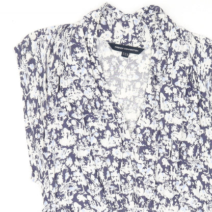 French Connection Womens Blue Floral Viscose A-Line Size 14 V-Neck Pullover
