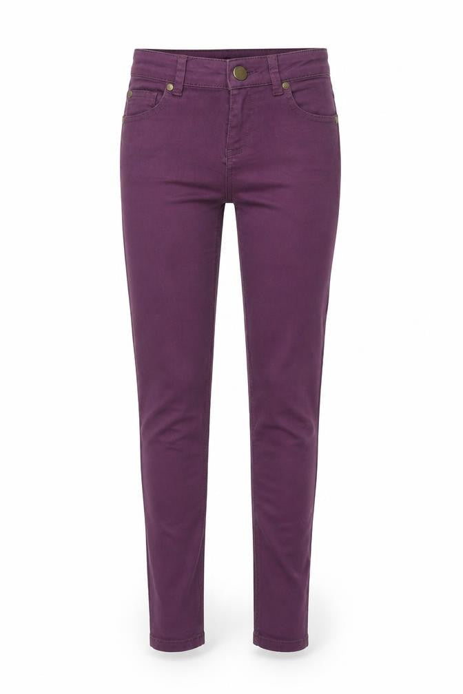 Front view of Miss Selfridge women’s purple cotton skinny jeans, size UK 8, 31-inch leg regular zip