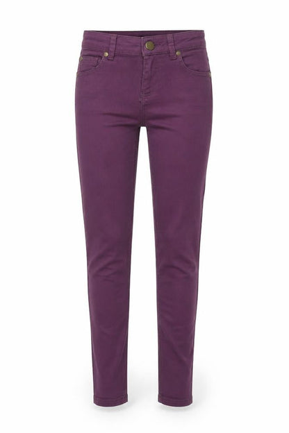 Front view of Miss Selfridge women’s purple cotton skinny jeans, size UK 8, 31-inch leg regular zip