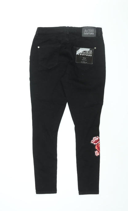 Aces Couture Womens Black Floral Cotton Skinny Jeans Size 6 L28 in Regular Zip